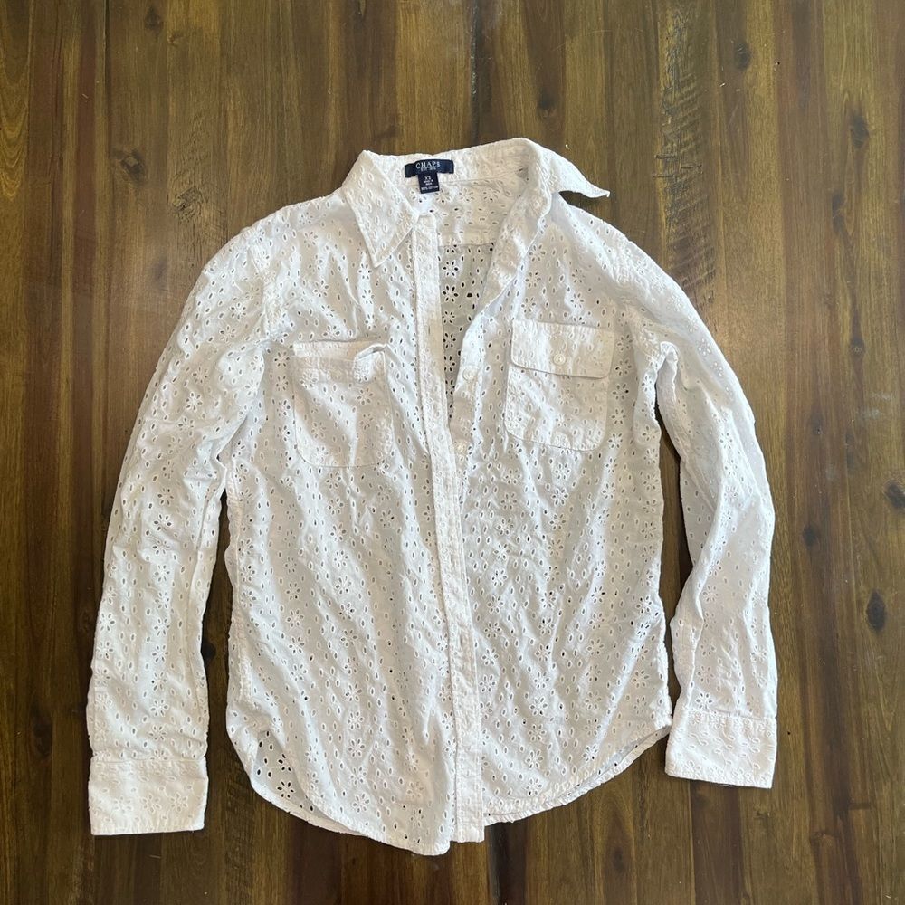 Chaps White Eyelet Long Sleeve Button Front Collared Shirt, Women's Size XSmall